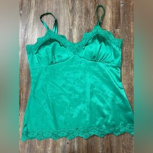 Vintage Lace Padded Christmas Green Satin Slip Cami Large Coquette Holiday Cute